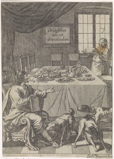 Zoilus sitzt an einem gedeckten Tisch (De Gustibus non est disputandum) von Justus van den Nijpoort