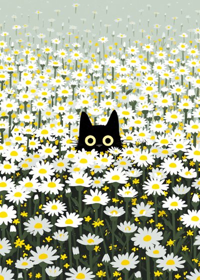 Schwarze Katze Gänseblümchenwiese von Justyna Jaszke