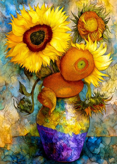 Lebendiges Sonnenblumen-Stillleben von Justyna Jaszke