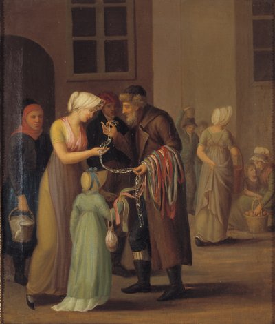 Straßenszene in Kopenhagen um 1800. Der Peitschenbandjude verkauft einer jungen Frau eine Spitze von KMS 3007 Ubekendt