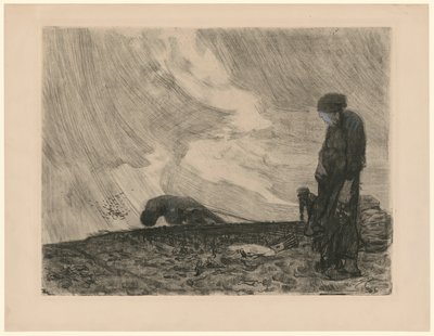 Pflüger mit stehender Frau im Vordergrund (Verworfene 3. Fassung zu Blatt 1 aus „Bauernkrieg“, 6. Zustand) von Käthe Kollwitz