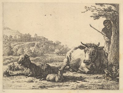 Kuh, erwachsenes Schaf und junges Schaf im Gras liegend, dahinter steht ein Hirte teilweise sichtbar, 1656 von Karel Du Jardin