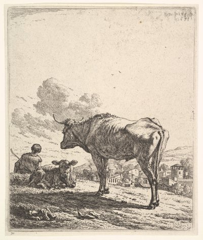 Kuhhirte mit Kuh und Kalb auf einem Hügel, der Kuhhirte von hinten gesehen und sitzend, 1658 von Karel Du Jardin