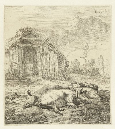 Drei Schweine vor einem Stall von Karel Du Jardin