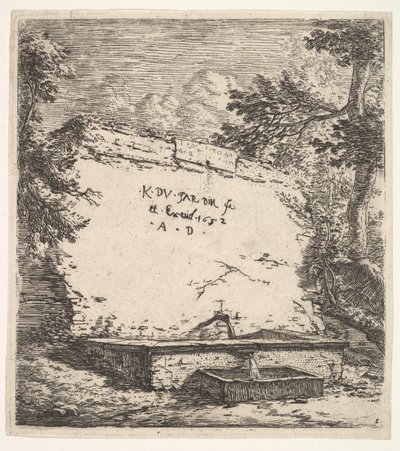 Frontispiz mit gestufter Fontäne, eine Steinmauer mit Wasserspeier, der Wasser in ein Rec..., 1652 von Karel Du Jardin