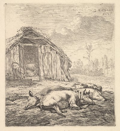 Drei Schweine, die auf der Seite liegen, 1652 von Karel Du Jardin