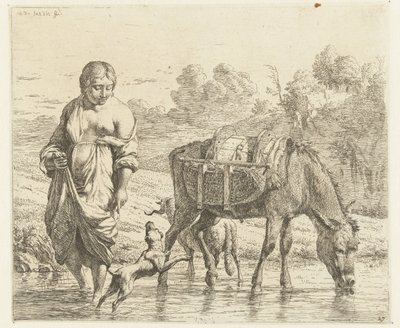 Frau und Esel stehen im seichten Wasser, ein Hund springt vor ihren Füßen auf von Karel Du Jardin