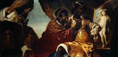 Hydaspes und Persina vor einem Gemälde von Andromeda von Karel van III Mander
