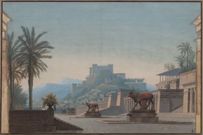 Athalia. Oper von Johann Nepomuk von Poissl. Entwurf zur 1. Dekoration. Ansicht von Jerusalem und der Burg Zion von Karl Friedrich Schinkel