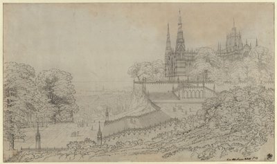 Entwurf einer Theaterdekoration, eine Kathedralkirche auf der Höhe über einer großen am Meer gelegenen Stadt / Große Komposition wie der Mailänder Dom gestellt sein müsste von Karl Friedrich Schinkel