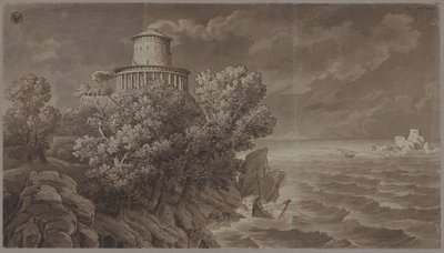 Felsige Meeresküste mit einem antikisierenden Leuchtturm, bei bewegter See von Karl Friedrich Schinkel