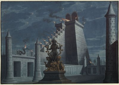 Fernand Cortez, oder: Die Eroberung Mexikos. Oper von Gaspare Spontini. Entwurf zur 1. Dekoration. Indianischer Feuertempel von Karl Friedrich Schinkel