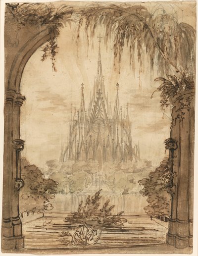 Gotische Kathedrale hinter einem Teich mit Schwänen von Karl Friedrich Schinkel