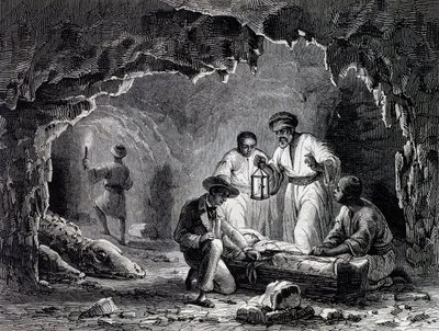 Archäologische Entdeckungen in den Höhlen von Samoun, Gravur nach einer Zeichnung von Karl Girardet (1813-1871) von Karl Girardet