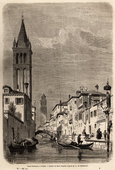 Der Rezonico-Kanal, Zeichnung von Karl Girardet (1813-1871), zur Illustration der Reise von Adalbert de Beaumont nach Venedig, um 1850. Gravur in „Le tour du monde“, herausgegeben von Edouard Charton. von Karl Girardet