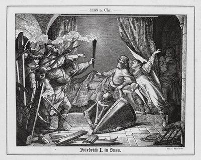Hartmann von Siebenich verkleidet als Friedrich Barbarossa, um dem Kaiser die Flucht aus Susa, Italien, zu ermöglichen von Karl Ludwig Adolf Ehrhardt