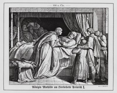 Königin Mathilde am Sterbebett von König Heinrich I. von Ostfranken, 936 (Gravur) von Karl Ludwig Adolf Ehrhardt