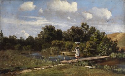 Sommerliche Landschaft mit einer Wäscherin auf einer Brücke von Karl Millner