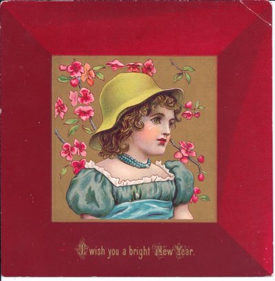 Viktorianische Weihnachtskarte eines Mädchens in Regency-Kleidung mit einem Blumenstrauß, ca. 1880 von Kate Greenaway