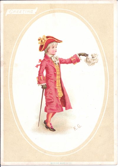 Viktorianische Grußkarte von Kindern am Esstisch, während ein als Koch verkleidetes Kind das Tranchiermesser schärft, ca. 1880 von Kate Greenaway