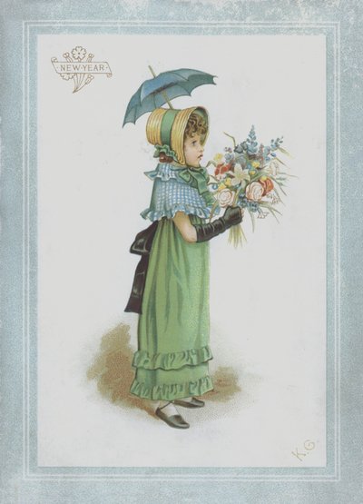 Mädchen im grünen Kleid, hält Sonnenschirm und Blumenstrauß von Kate Greenaway