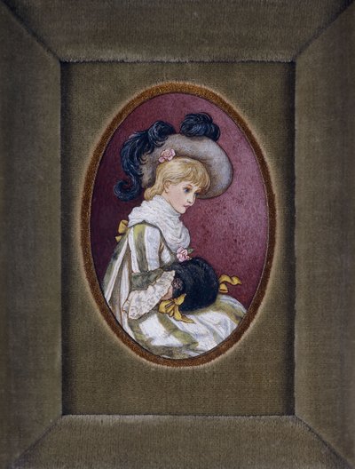 Ovales Porträt eines blonden Mädchens mit einem Federhut und den Händen in einem Muff von Kate Greenaway