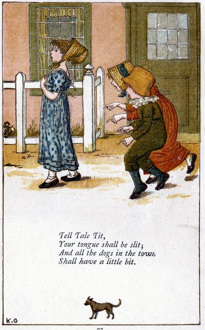 Tell tale tit/Deine Zunge soll gespalten werden: Illustration von Kate Greenaway (1846-1901) für ein Buch mit Kinderreimen. Chromolithographie von Kate Greenaway