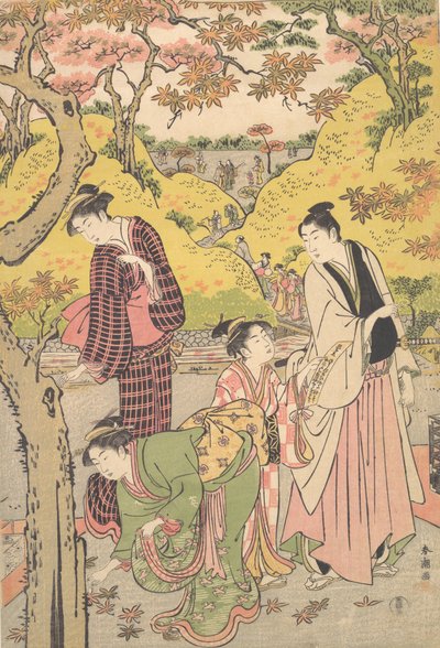 Ein junger Mann, zwei junge Frauen und ein Mädchen bei einem Picknick, ca. 1789 von Katsukawa Shuncho