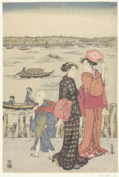 Zwei Frauen und ein Junge am Ufer eines Flusses von Katsukawa Shuncho