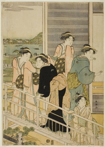 Frauen auf einem Balkon eines Yoshiwara-Tehauses von Katsukawa Shuncho