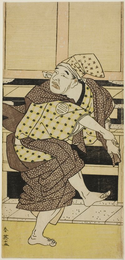 Schauspieler Asao Tamejûrô I als betrunkener Gotôbei beim Sambasô-Tanz in „Yoshitsunes Koshigoe-Petition“ von Katsukawa Shun