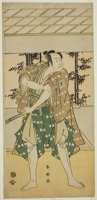 Der Schauspieler Ichikawa Omezo I als Bootsmann Takihei (?) im Stück Ofunamori Ebi no Kaomise (?), aufgeführt im Kawarazaki-Theater (?) im elften Monat, 1792 (?) von Katsukawa Shun