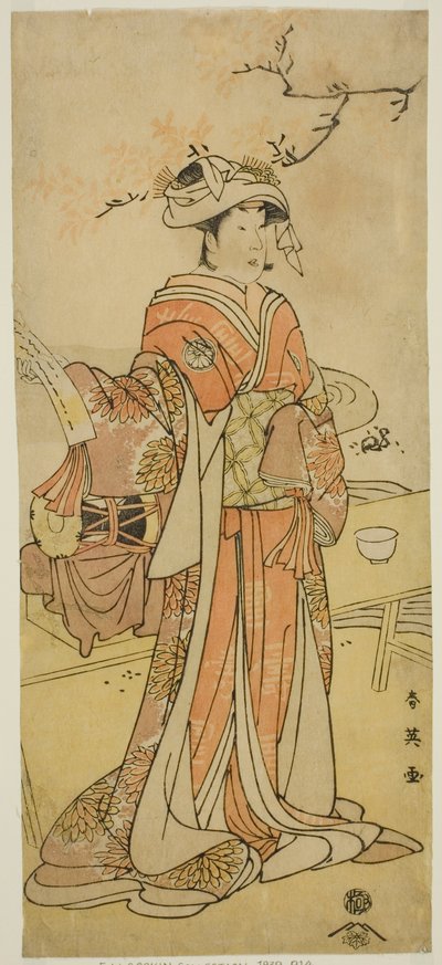 Der Schauspieler Segawa Kikunojo III als die weibliche Fuchs-Fee Otatsu-gitsune verkleidet als Shizuka Gozen im Stück Kogane Saku Date no Okida, aufgeführt im Ichimura Theater im elften Monat, 1792 von Katsukawa Shun