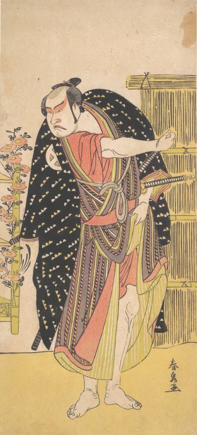 Der dritte Otani Hiroji als Samurai, der neben einem hohen Zaun steht, ca. 1785 von Katsukawa Shunsen
