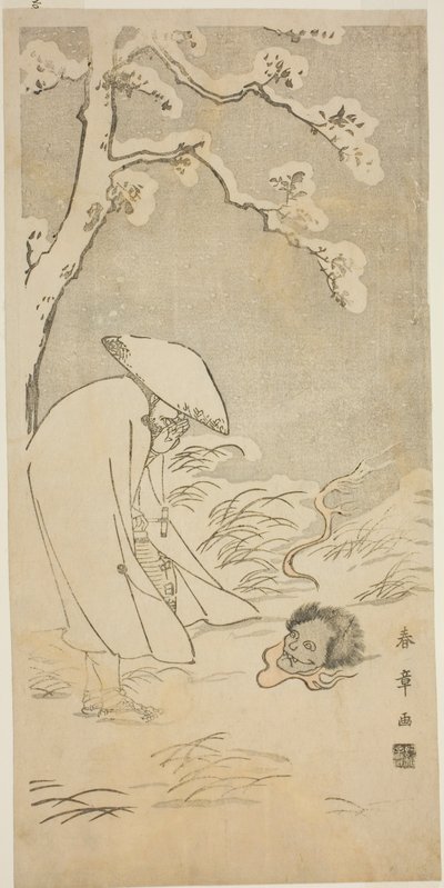 Ein Pilger, der die Nacht hindurch zum Buddha betet (kannenbutsu), wird von einem geisterhaften Kopf auf dem schneebedeckten Boden erschreckt von Katsukawa Shunsho