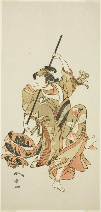 Der Schauspieler Iwai Hanshirô IV führt den Dreifach-Regenschirmtanz in „Blume Japans: Ono no Komachis fünf Charaktere“ („Kuni no Hana Ono no Itsumoji“) auf von Katsukawa Shunsho
