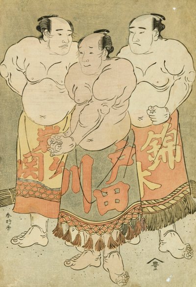 Ganzkörperporträts der Ringer Nishikigi, Todagawa und Iwagaseki, die sich im Ring präsentieren von Katsukawa Shunsho