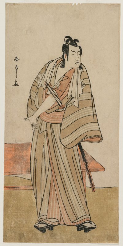 Ichikawa Yaozo II als Otokodate, stehend an einer Bank, um 1780 von Katsukawa Shunsho