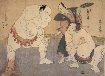 Onagawa Kisaburo und Tanikaze Kajinosuke führen den Shiriki im Dohyo auf, geleitet von Kimura Shonosuke von Katsukawa Shunsho