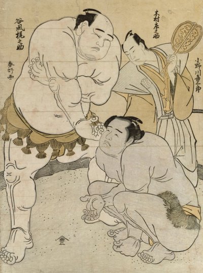 Vorbereitungen für den Kampf zwischen Onagawa Kisaburo und Tanikaze Kajinosuke, geleitet von Kimura Shonosuke von Katsukawa Shunsho