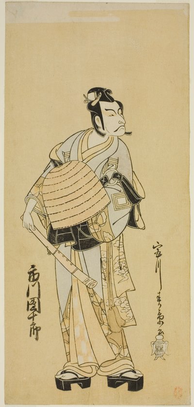 Der Schauspieler Ichikawa Danjuro V als Soga no Goro verkleidet als Komuso im Stück Sakai-cho Soga Nendaiki, aufgeführt im Nakamura-Theater im ersten Monat, 1771 von Katsukawa Shunsho