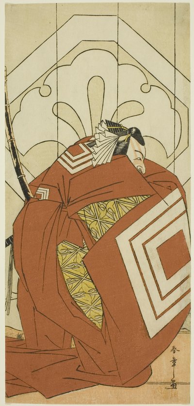 Der Schauspieler Ichikawa Danjuro V in einer "Shibaraku"-Rolle, wahrscheinlich als Kato Hyoeisa Shigemitsu, in der dritten Szene des Stücks Masakado Kammuri no Hatsuyuki (Der erste Schnee auf Taira no Masakados Hofkrone), aufgeführt im Nakamura-Theater im  von Katsukawa Shunsho