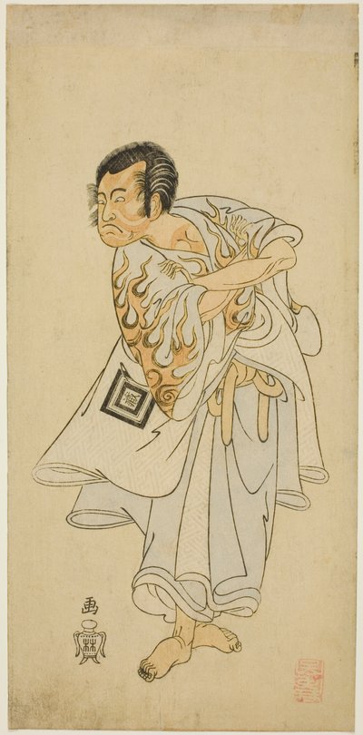 Der Schauspieler Ichikawa Danzo III als heiliger Einsiedler Narukami im Stück "Narukami", aufgeführt mit "Miyakodori Azuma Komachi (Vogel der Hauptstadt: Komachi des Ostens)" im Morita-Theater im dritten Monat, 1768 von Katsukawa Shunsho