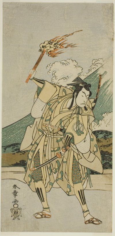 Der Schauspieler Ichikawa Monnosuke II als Soga no Goro Tokimune im Stück Haru wa Soga Akebono-zoshi (?), aufgeführt im Nakamura-Theater (?) im ersten Monat, 1772 (?) von Katsukawa Shunsho