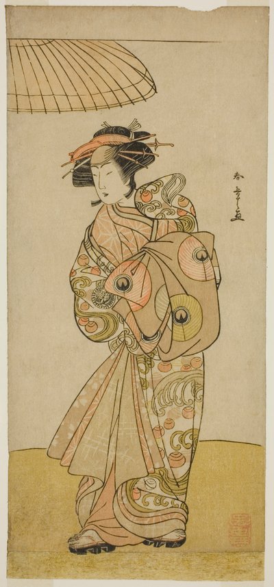 Der Schauspieler Ikushima Daikichi III als Kurtisane Naniwazu im Stück Saki Masuya Ume no Kachidoki, aufgeführt im Ichimura-Theater im elften Monat, 1777 von Katsukawa Shunsho