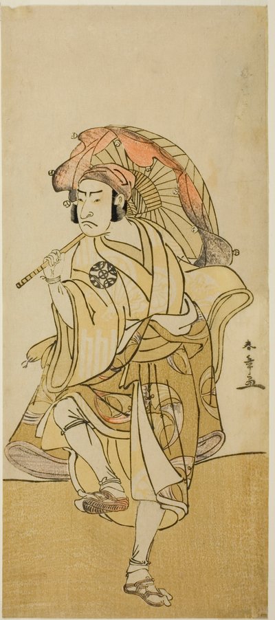 Der Schauspieler Nakamura Nakazo I als Onmaya Kisanda verkleidet als Löwentänzer Kakubei im Stück Chigo Torii Tobiiri Kitsune, aufgeführt im Ichimura-Theater im elften Monat, 1777 von Katsukawa Shunsho