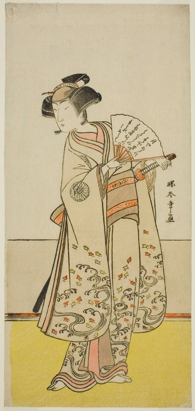 Der Schauspieler Nakamura Noshio I als Oiso no Tora (?) im Stück Shida Yuzuriha Horai Soga (?), aufgeführt im Morita Theater (?) im ersten Monat, 1775 (?) von Katsukawa Shunsho