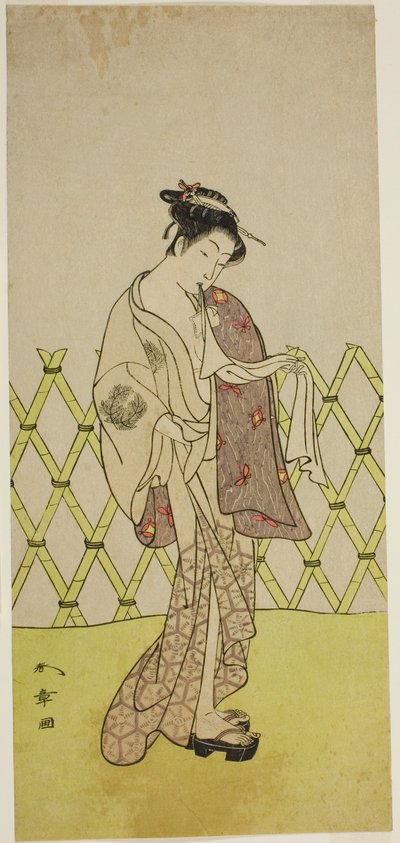 Der Schauspieler Nakamura Riko I als Hakata no Kojoro (?) im Stück Shitenno-ji Nobori Kuyo, aufgeführt im Ichimura-Theater im achten Monat, 1773 von Katsukawa Shunsho