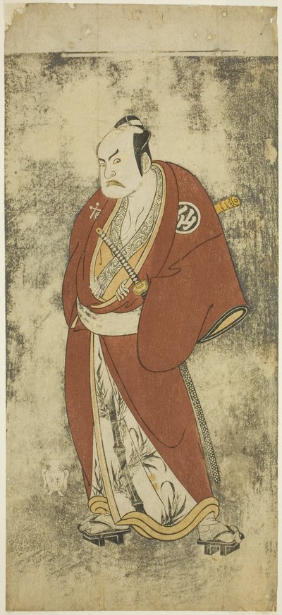 Der Schauspieler Nakamura Sukegoro II als Kaminari Shokuro im Joruri "Gonin Otoko" (Fünf ritterliche Bürger), gespielt als ein Akt im Ayatsuri Kabuki Ogi (Meisterschaft des Fächers im Kabuki), aufgeführt im Nakamura Theater ab dem zwanzigsten Tag des siebt von Katsukawa Shunsho
