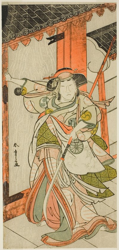 Der Schauspieler Nakamura Tomijuro I als Hangaku Gozen, der das Tor im Stück Wada-gassen Onna Maizuru (Der Wada-Konflikt: Ein Maizuru der Frau) durchbricht, aufgeführt im Nakamura-Theater ab dem fünfundzwanzigsten Tag des siebten Monats, 1777 von Katsukawa Shunsho